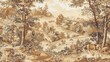 © javier - Pastoral scenes in earth tones with gold details on a Baroque tapestry wallpaper exuding rustic charm