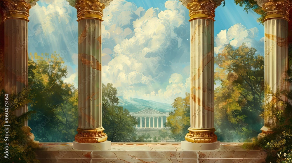 Classical temple fresco in Baroque style with ornate columns arches and ...