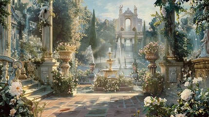 Grand palace garden mural in Baroque style featuring lush greenery fountains and statues with gold accents for a majestic look