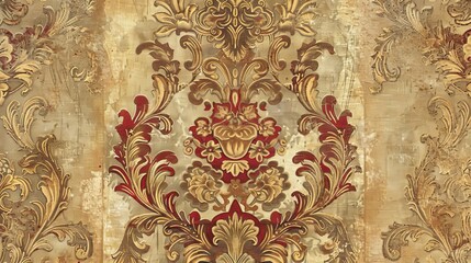 Poster - Rich crimson and gold Baroque tapestry wallpaper with intricate floral and scrollwork patterns slightly aged for a timeless feel