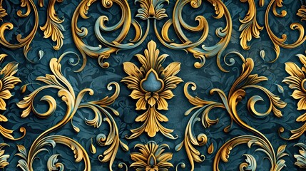 Wall Mural - Intricate teal and gold Baroque backdrop with acanthus leaves and floral motifs