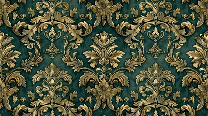 Poster - Baroque wallpaper with forest green and gold damask designs of leaves and flowers