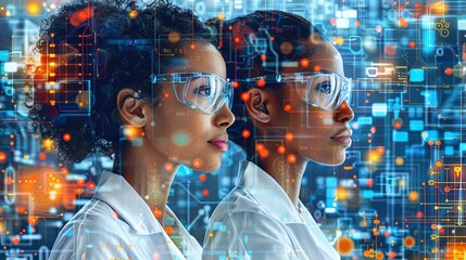 Women and girls from different races and ethnicities working in computer science, data and laboratory. Breaking science bias concept illustration