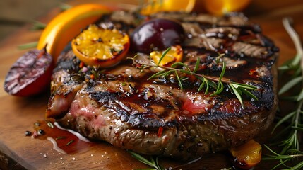 Wall Mural - Elegant grilled steak packed with plums and oranges