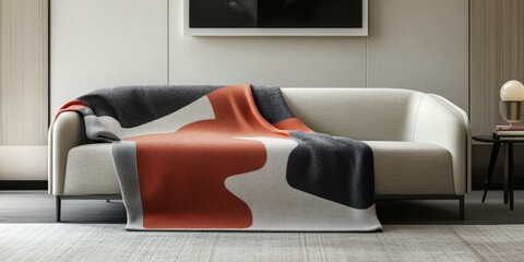 Wall Mural - Couch with patterned throw blanket in minimalist room.