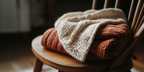 Poster - Beige and brown knitted blankets on wooden chair.