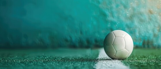 Wall Mural - Soccer Ball on Corner Line of Green Football Pitch with Wide Shot Perspective