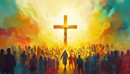 A large cross with the sun shining behind it, surrounded by people in different colors and sizes symbolizing diversity Generative AI