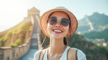 Wall Mural - A woman wearing a straw hat and sunglasses is smiling at the camera