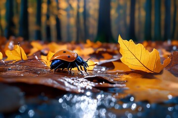 Beetles, on a forest floor, among fallen leaves navigate a miniature world of shadows and light