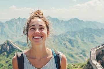 Poster - A smiling woman with a ponytail is standing on a mountain