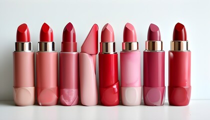 Vibrant display of red and pink lipsticks elegantly lined up on a pristine white surface