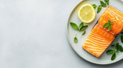 Fresh salmon fillet garnished with lemon slice and herbs on a light plate, perfect for healthy meals and cooking inspiration.