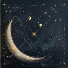 vintage celestial map with stars, moon phases, constellations, cosmic navigation, ancient astronomy,
