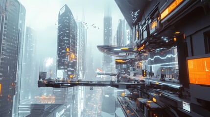 Wall Mural - Dystopian Cyberpunk City Skyline in Fog with Futuristic Architecture