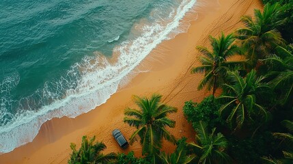 Aufkleber - The calm beach stretches along the shoreline with soft waves lapping against the sandy shore, framed by vibrant palm trees and a parked vehicle nearby