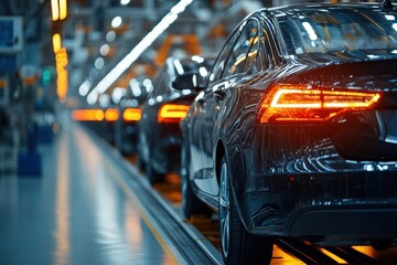 Poster - Several sleek cars are lined up on an assembly line in a modern factory, illuminated by overhead lights. Workers are focused on completing final assembly tasks in a busy environment