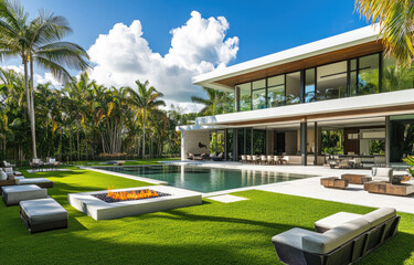 Wall Mural - A modern house with large windows, a courtyard, and a fire pit on the lawn in front of it, featuring concrete walls and flat roofs.