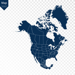 Wall Mural - Transparent - High Detailed Blue Map of North America. Vector eps10.	
