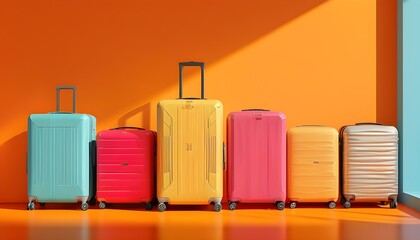 Colorful suitcases in a lively arrangement against a bright orange backdrop capturing the essence of adventure and travel excitement