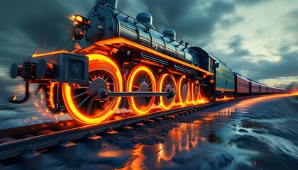 Fiery orange light illuminating train wheels in motion on a railway track, symbolizing speed and power