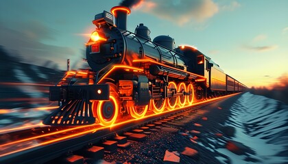 Wall Mural - Fiery orange light illuminating train wheels in motion on a railway track, symbolizing speed and power