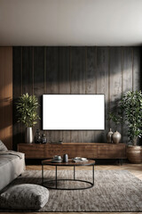 Empty big large flat TV screen display mock-up with text space, front view. Presentation board in living room interior wall, screen for creative design. Advertising mockup concept. Copy ad text space