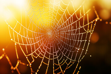 close up of spider web with dew drops in morning sunshine, texture background