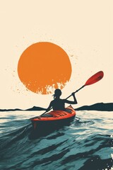flat vector illustration of a female kayaking in water