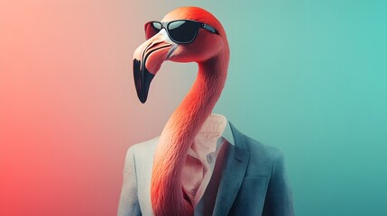 Wall Mural - surreal flamingo in business casual attire - minimalist studio portrait on plain background