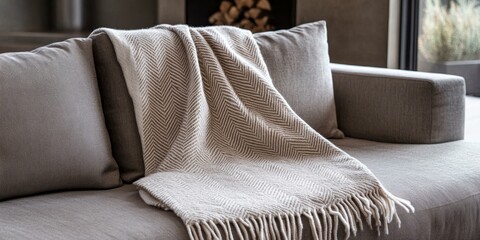 Poster - A grey sofa with a white and brown throw blanket.