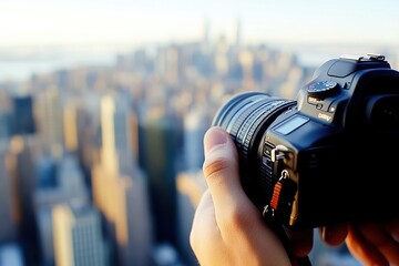 A photographer focuses intently on capturing the vibrant skyline at sunset, silhouetting skyscrapers against a colorful sky, showcasing urban beauty