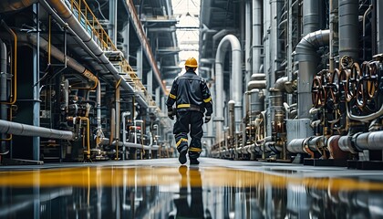 Solitary worker navigating the expansive industrial plant amidst complex machinery and towering piping, showcasing the scale of industrial operations