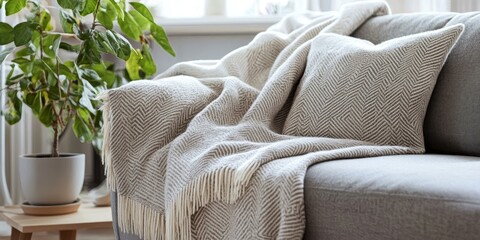 Poster - A gray couch with a patterned blanket and pillow.