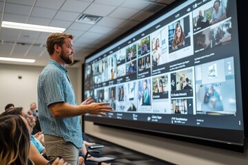 Poster - A presenter stands in front of an audience, delivering a presentation in a well-equipped conference room with a large digital display showcasing multiple video thumbnails
