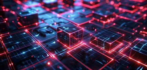 Poster - 3D rendering of abstract, glowing digital cubes on a dark background with a circuit board, a cyber technology concept.
