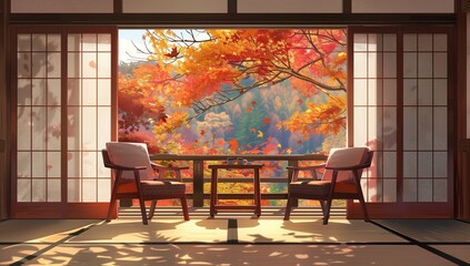 A traditional Japanese room with tatami mats, sliding doors, and autumnal foliage outside the window.