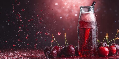 Wall Mural - Cherries, a bottle of cherry juice, and red water drops.