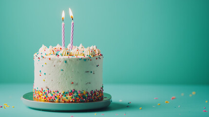 Bright birthday cake with two lit candles, covered in white cream and decorated with colorful sprinkles, on a mint green background