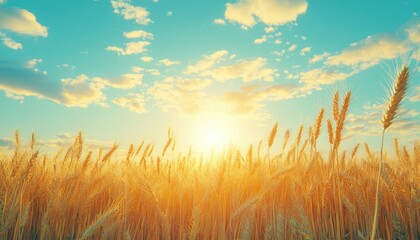 Poster - Golden Wheat Field at Sunset with Cloudy Sky