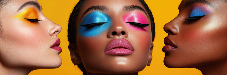 Canvas Print - three different women with their eyes closed, each wearing colorful makeup on one eye and no make-up or natural color eyeshadow on the other eyelid