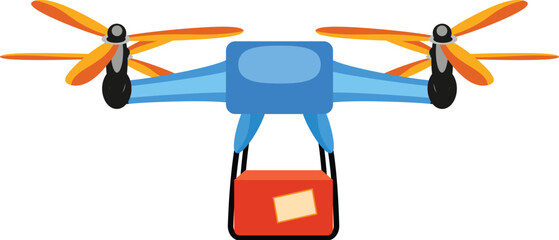 Poster - Blue delivery drone carrying a red package with a label, delivering speed and efficiency