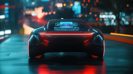 Sleek and Futuristic Sports Car in Neon-Lit City Landscape