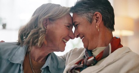 Poster - Senior couple, lesbian and embrace in home with smile for romantic commitment, care and connection. LGBTQ women, pride and happy with hug in house for support, trust and love on marriage anniversary