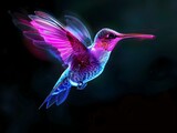 Captivating Neon Hummingbird Hovering in the Darkness with Iridescent Feathers on Black Background