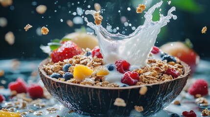 Poster - coconut milk pouring over granola and fresh fruits, a plant-based option for a wholesome diet and lifestyle