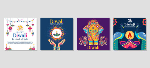 Wall Mural - Happy diwali Set of greeting cards, social media post, posters, holiday covers