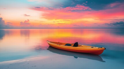 Kayak boat in tropical sea water with colorful sunset sky