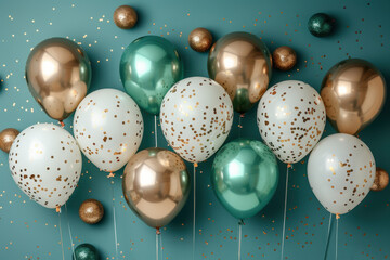 Festive balloons and confetti on background with copy space for your text message, celebration or holiday greeting card design. New Year party concept