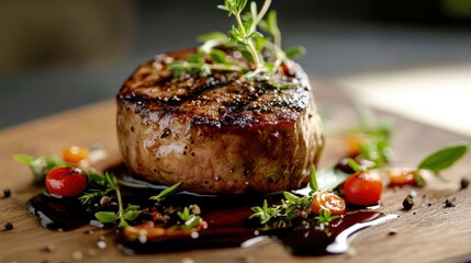 A succulent grilled steak is perfectly plated on a rustic wooden board, adorned with vibrant herbs and cherry tomatoes for a gourmet presentation